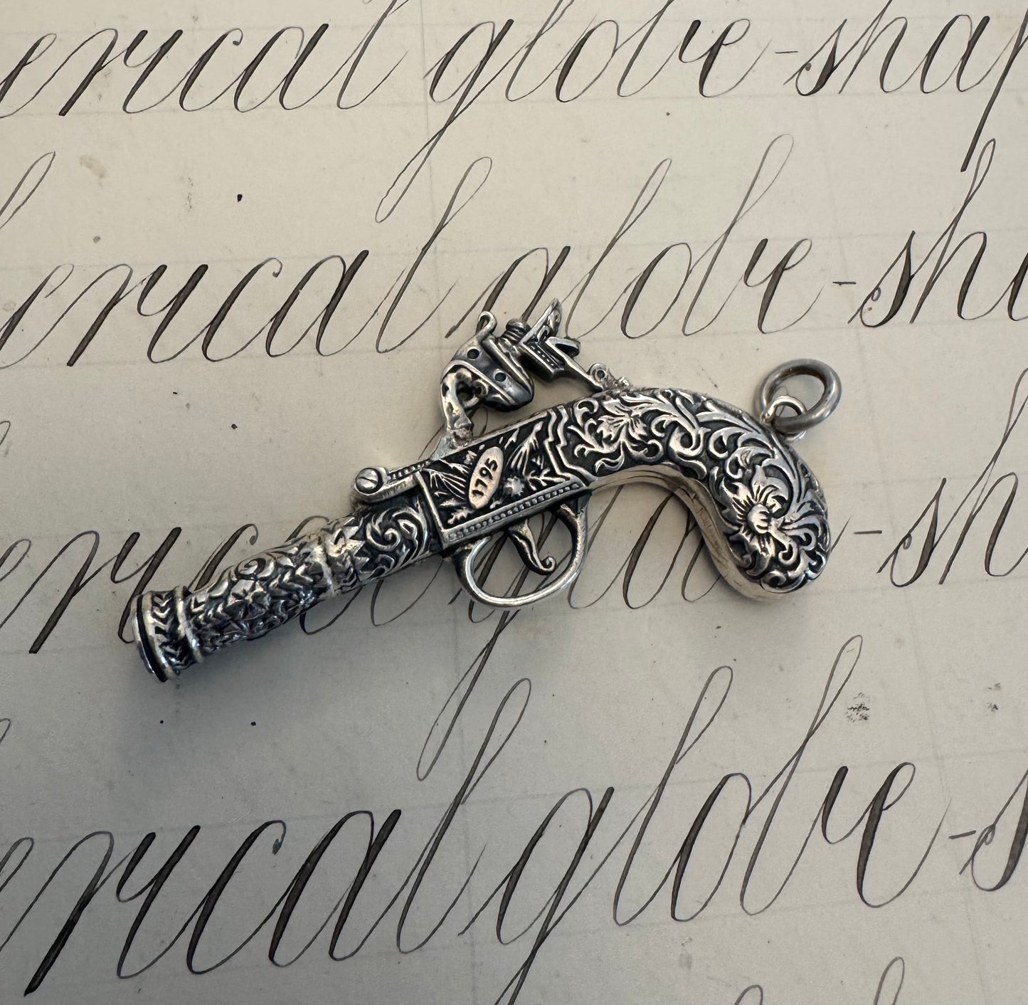 English Sterling Silver Embossed Flintlock Pistol Whistle