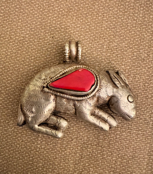 Vintage Tibetan Coral and Silver Rabbit Pendant