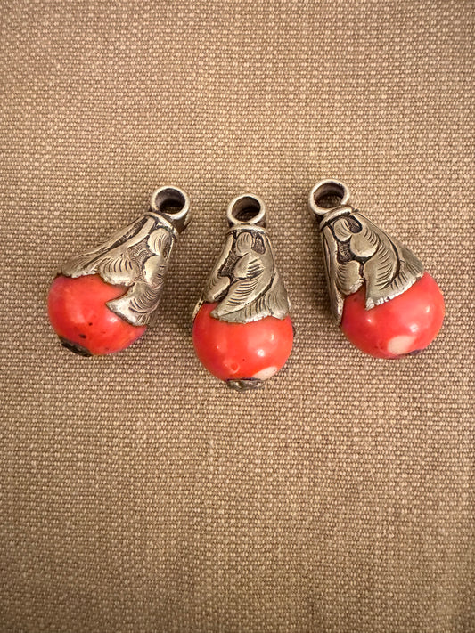 Set of 3 Vintage Tibetan Silver and Coral Drop Pendants