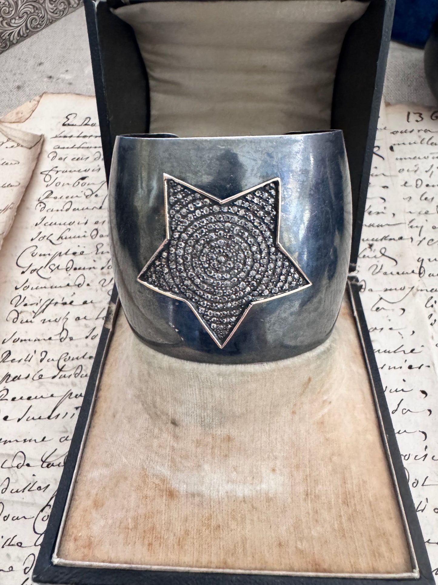 JKC Pave Diamond Star with Gold Bezel on Oxidized Sterling Cuff