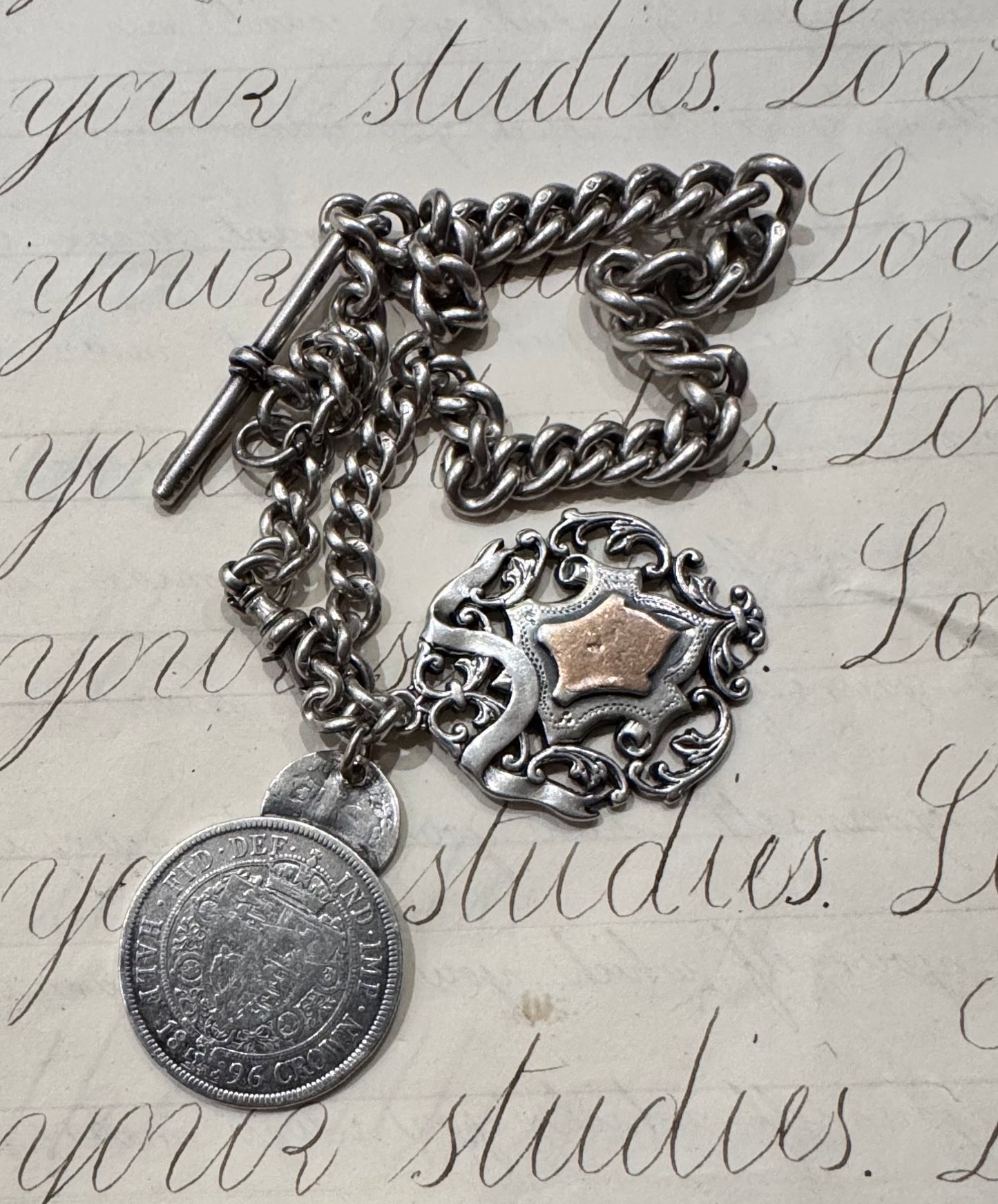 spectacular heavy graduated English silver antique watch chain