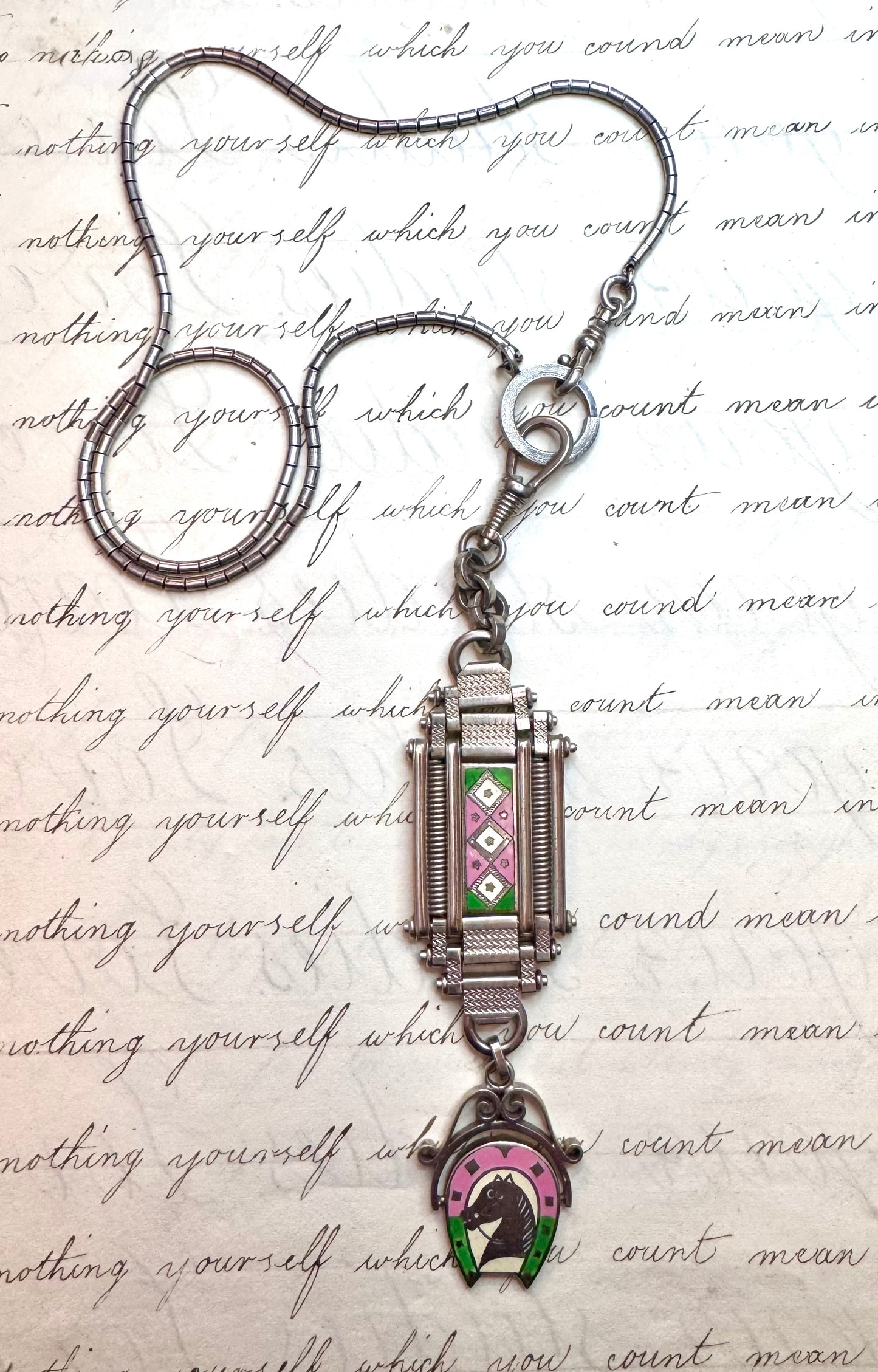 Deco German Chrome Equestrian Fob and Silver Chain