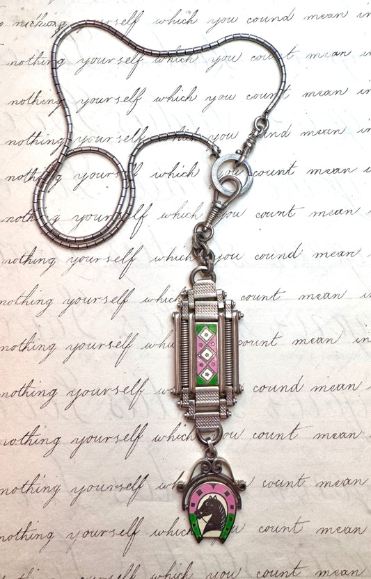 Deco German Chrome Equestrian Fob and Silver Chain