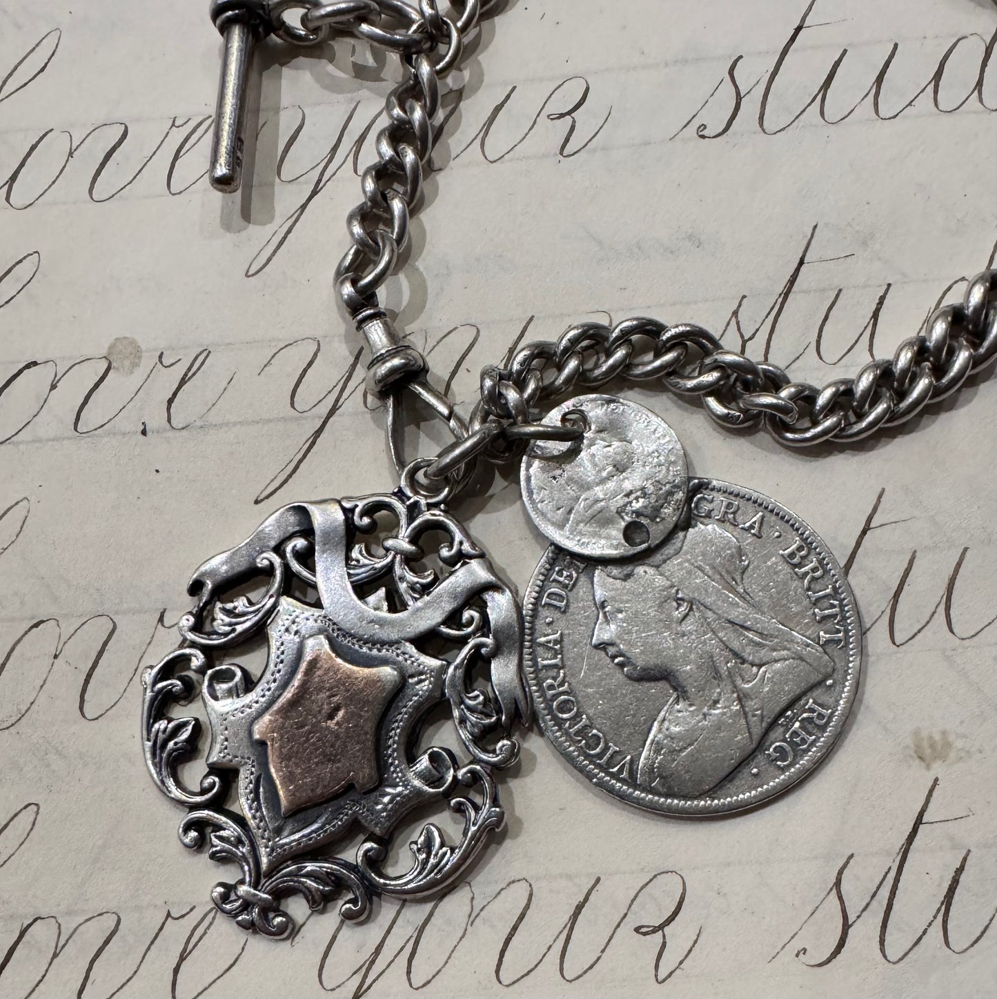 spectacular heavy graduated English silver antique watch chain