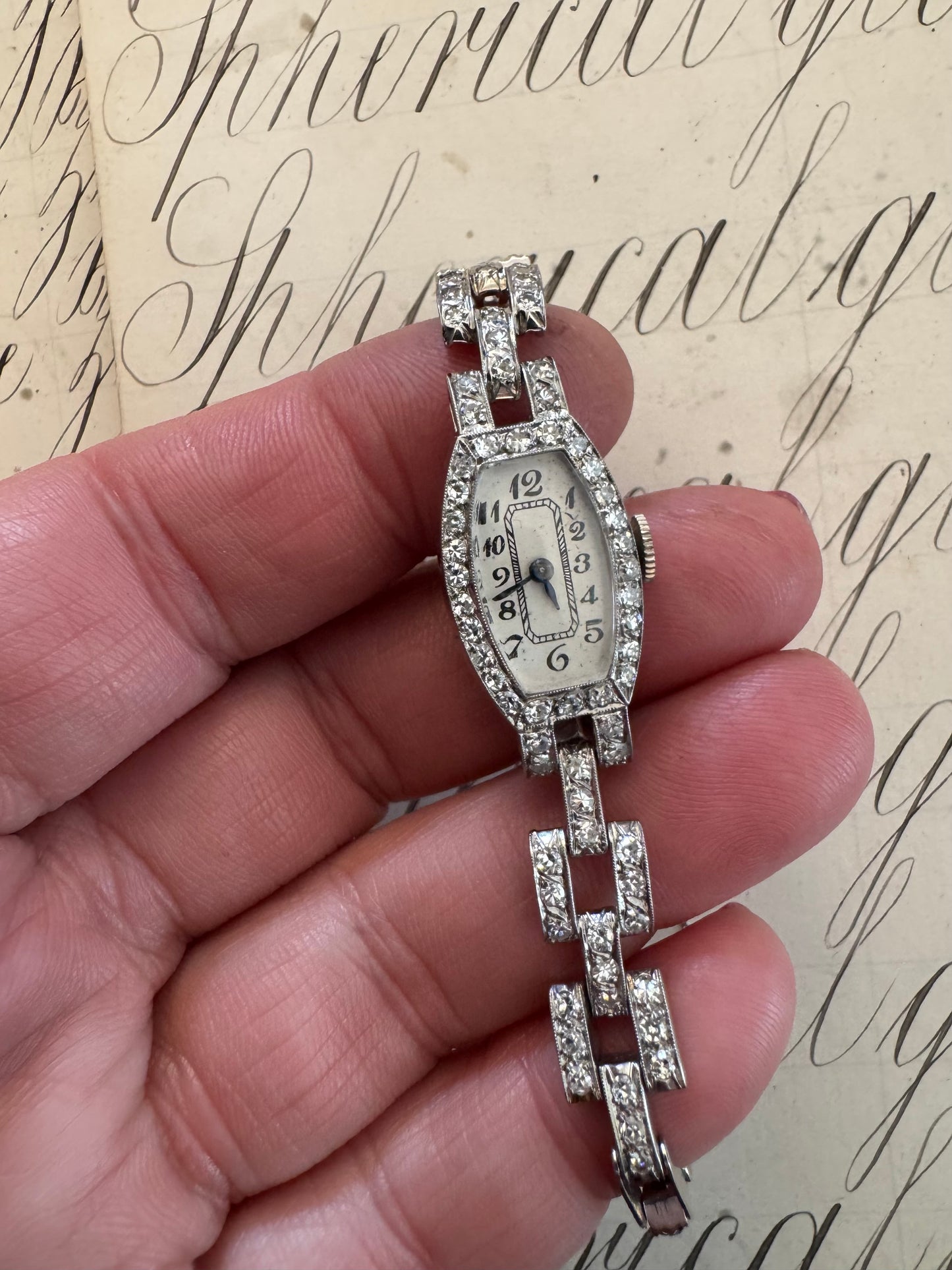 Exquisite art deco diamond and 14K white gold watch