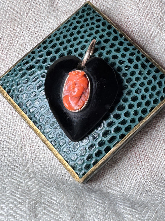 Antique Gutta Percha Heart with Coral Cameo