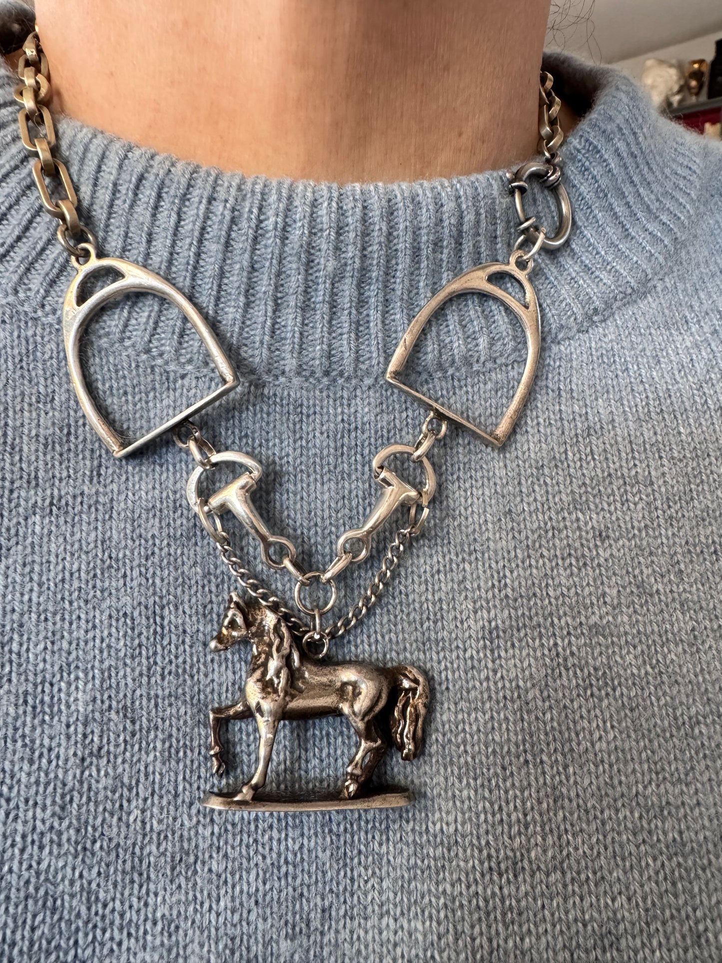 Silver Equestrian Necklace with Horse and Tack