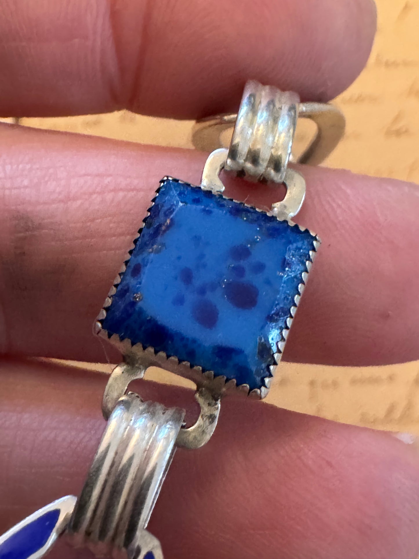 Sterling Deco Opaque Square Blue Glass and Enamel Bracelet
