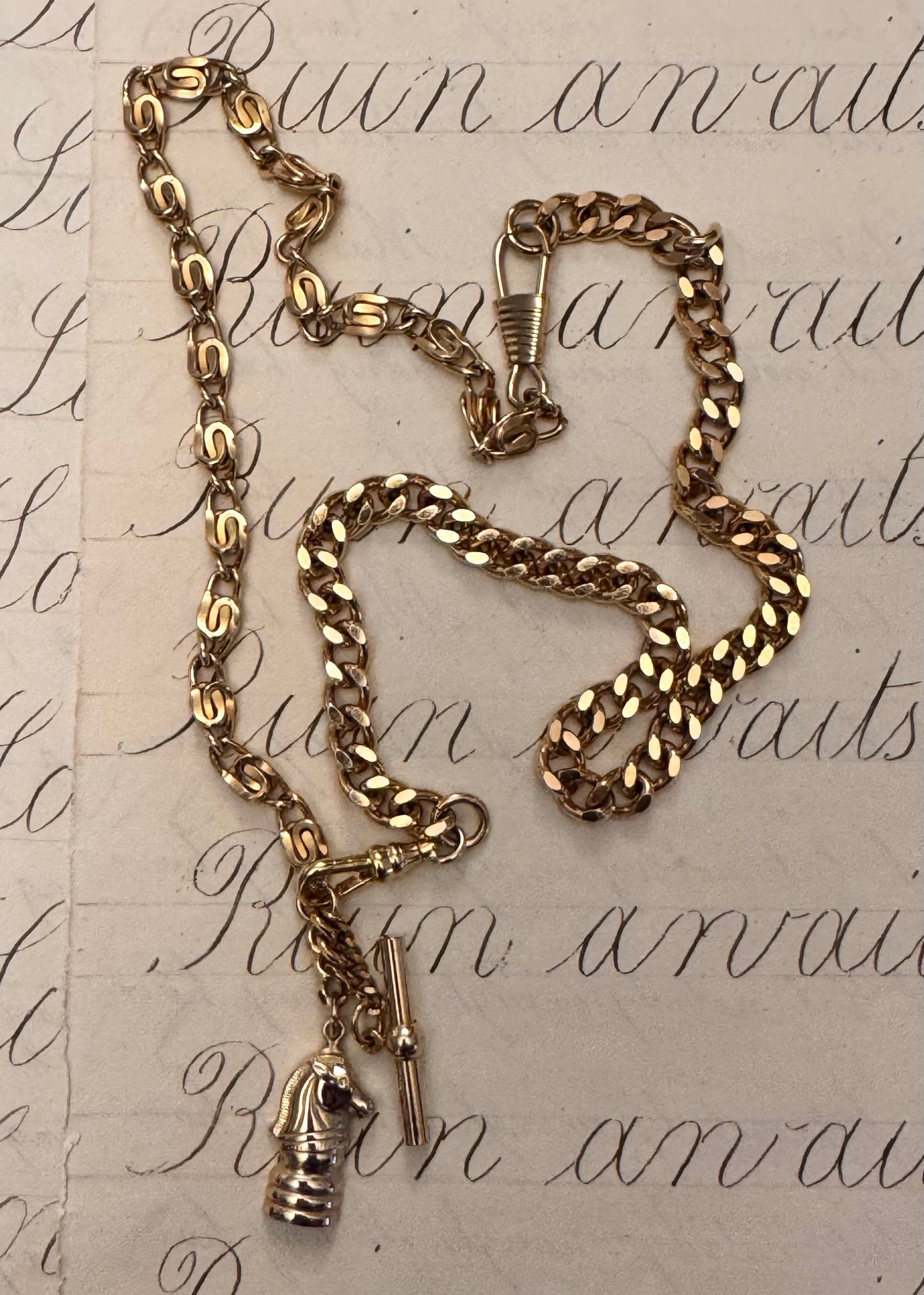 Heavy Gold Plated Watch Chain Necklace with Charm