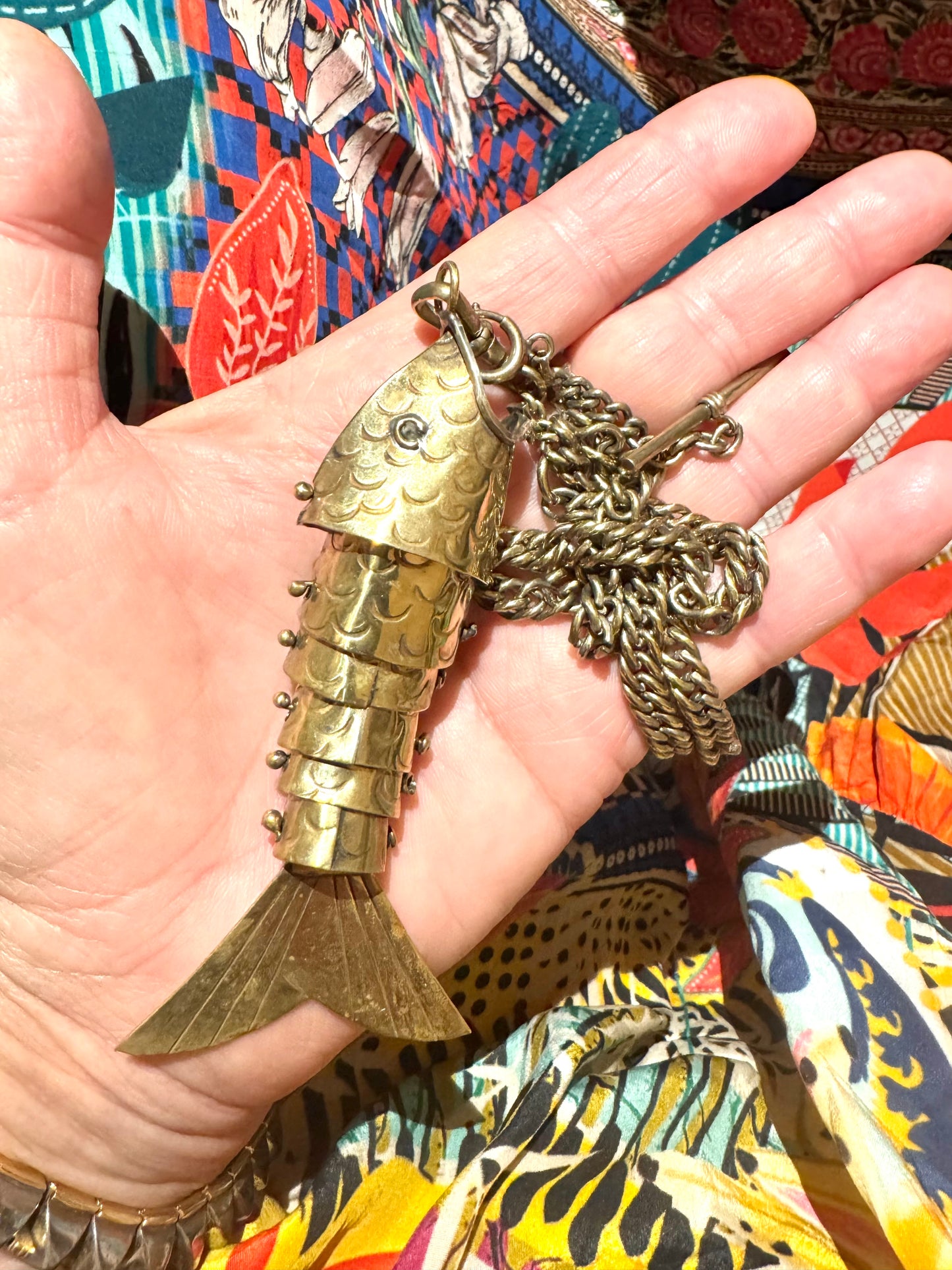 SMASHING Vintage Brass Articulated Fish on Brass Curb Watch Chain