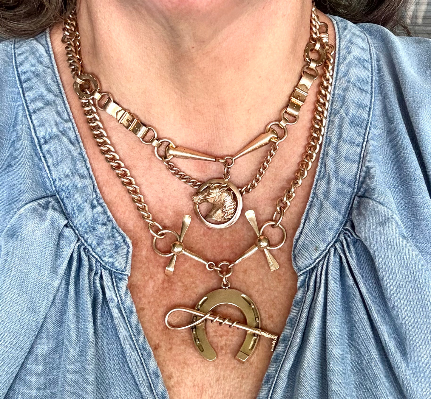 Gold Filled Equestrian Necklace with Horseshoe and Horsebit