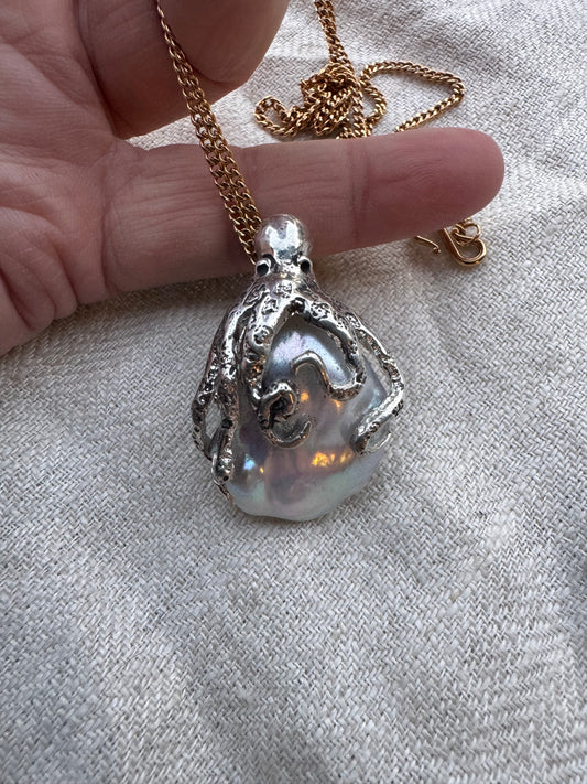 SILVER Octopus and Giant Pearl Pendant