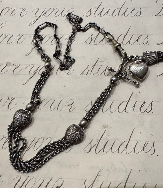 delightful English silver, multi strand watch chain with chased hearts and dangles