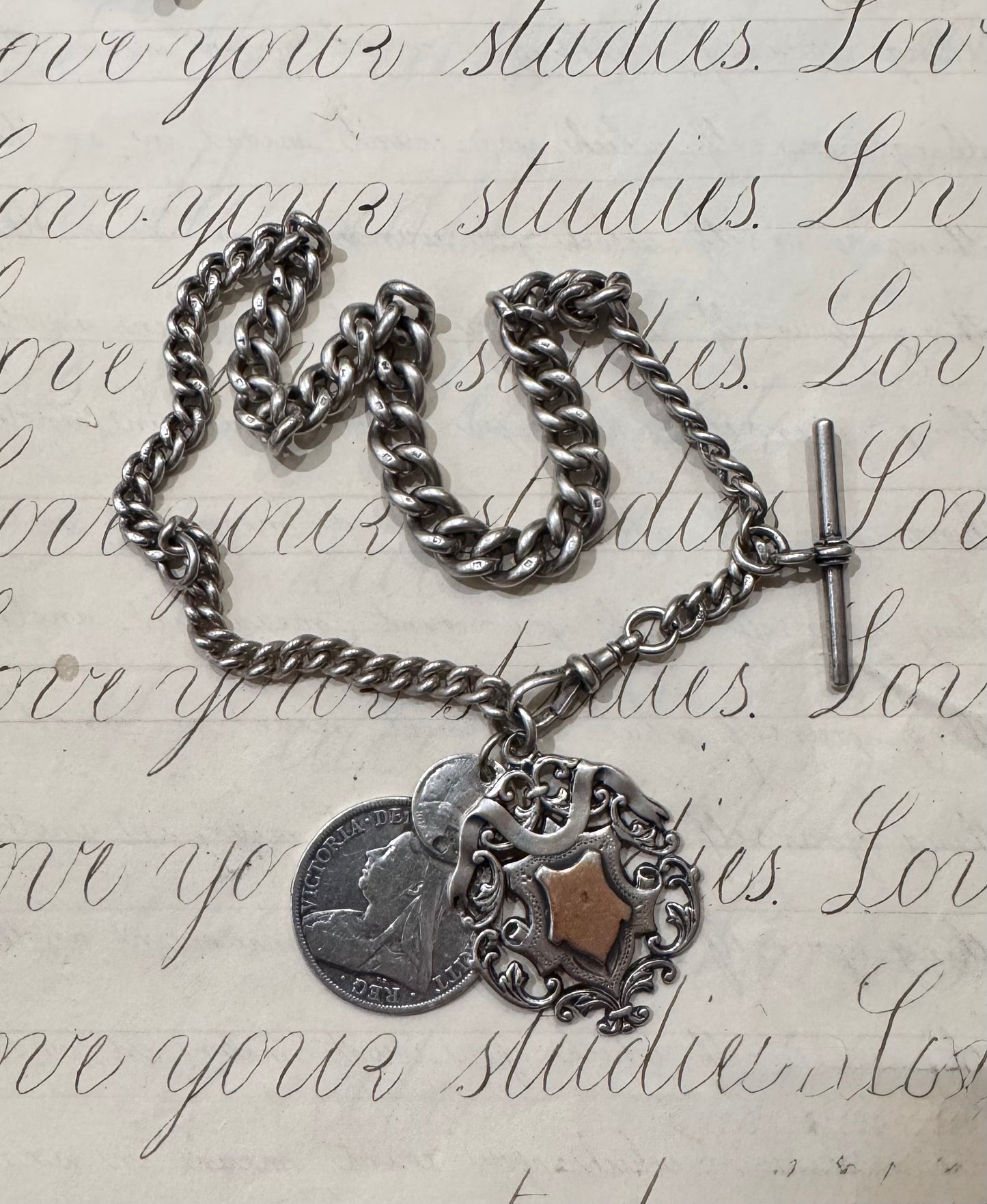 spectacular heavy graduated English silver antique watch chain