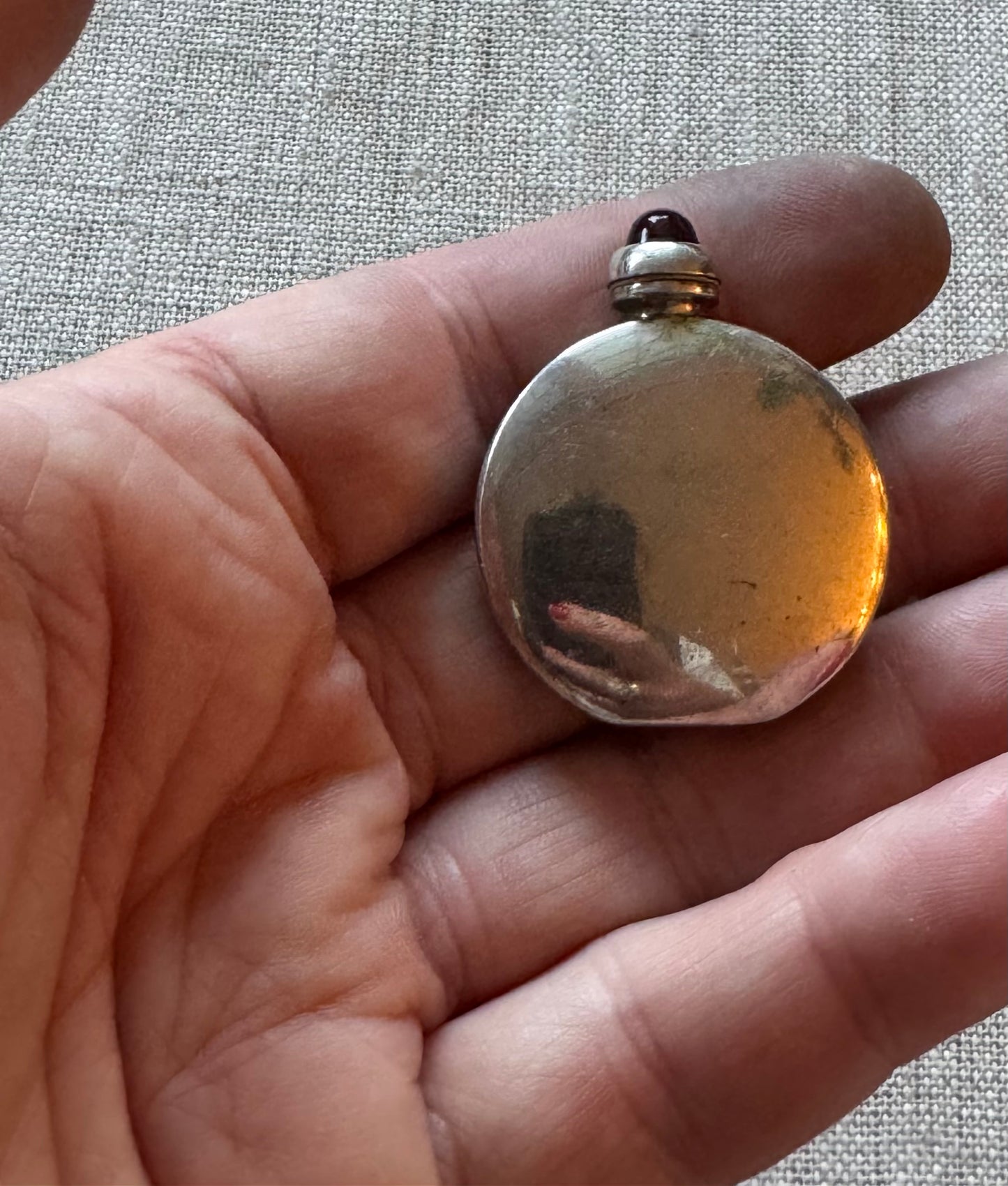 Amazing Simple Sterling Perfume Bottle with Red Cabochon Stone in Lid