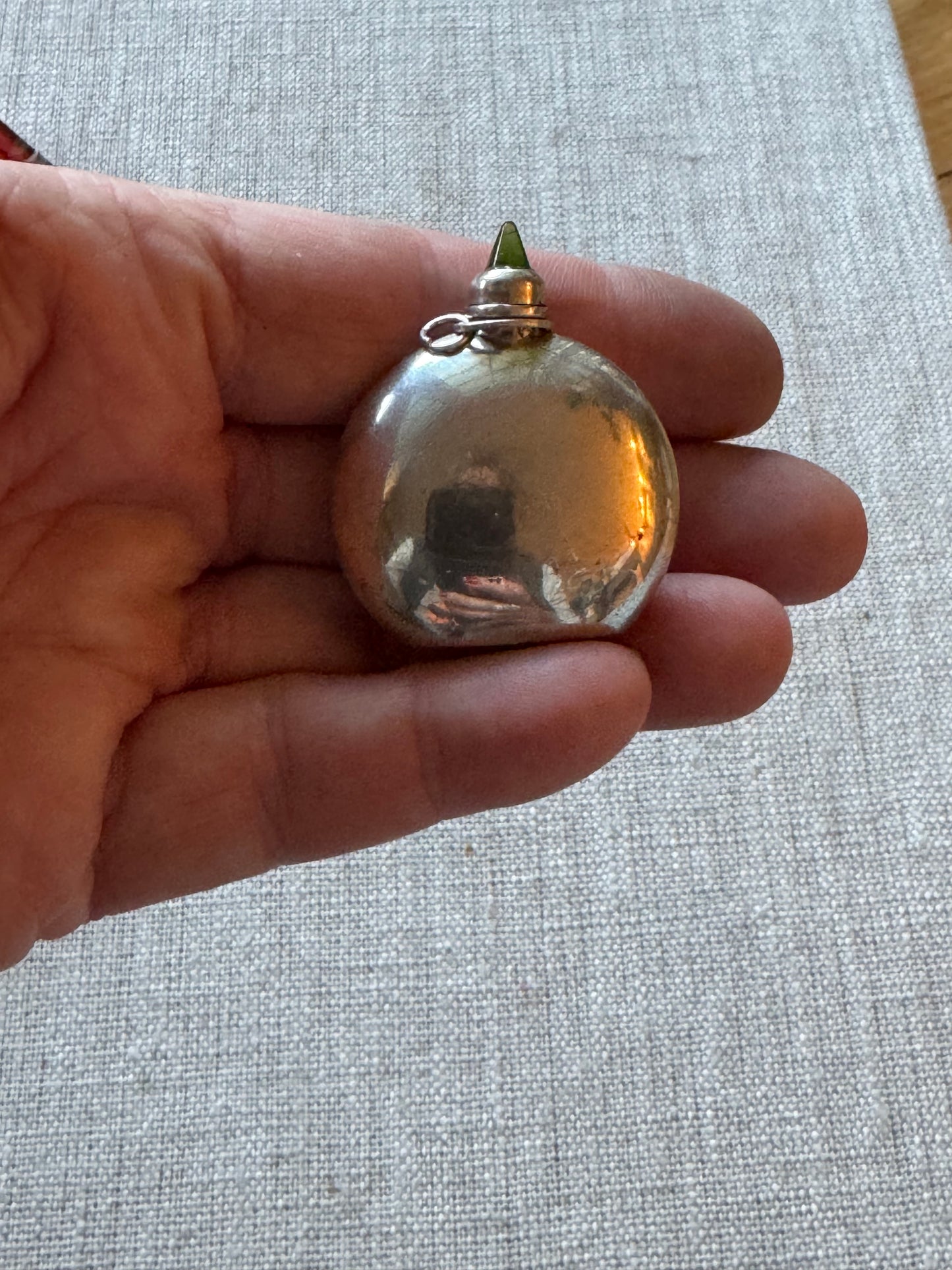 Beautiful Simple Sterling Perfume Bottle with Green Bullet Shaped CabochonStone in Lid