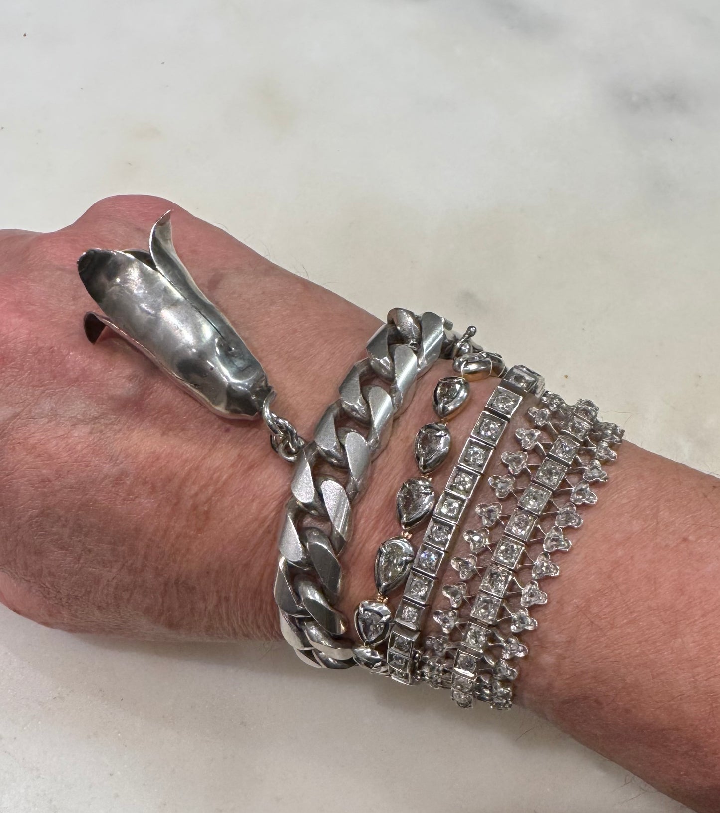 gorgeous vintage old pawn solid silver Native American curb chain bracelet with squash blossom charm