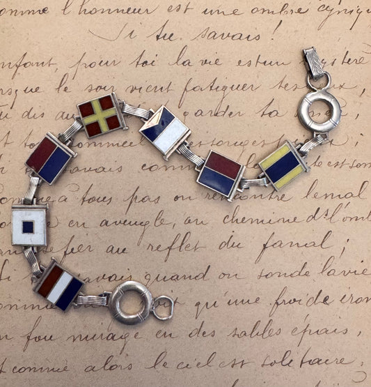 Vintage Sterling and Enamel Nautical Flag Bracelet “DEAREST”