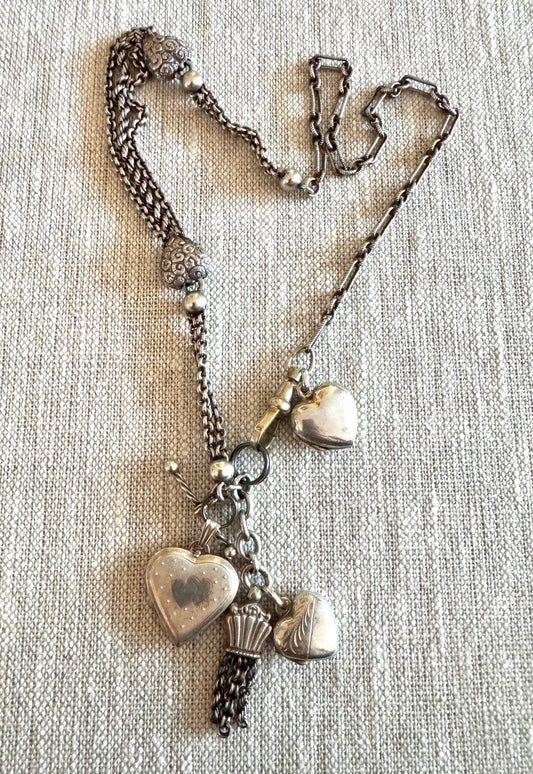 Beautiful Victorian Sterling Heart Watch Chain with 3 Heart Lockets and Charming Tassel