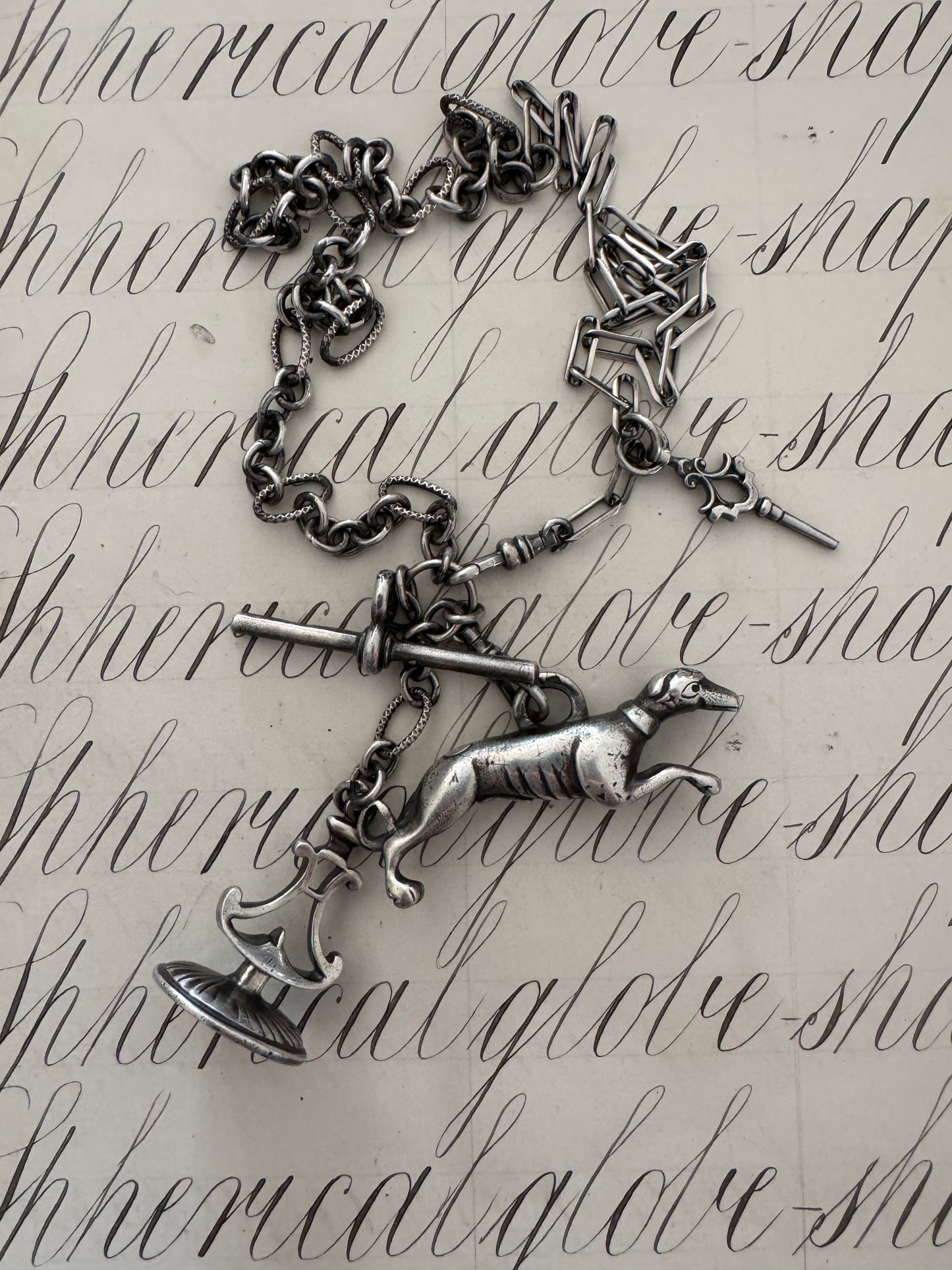 Sterling Silver Watch Chain with Dog and Seal