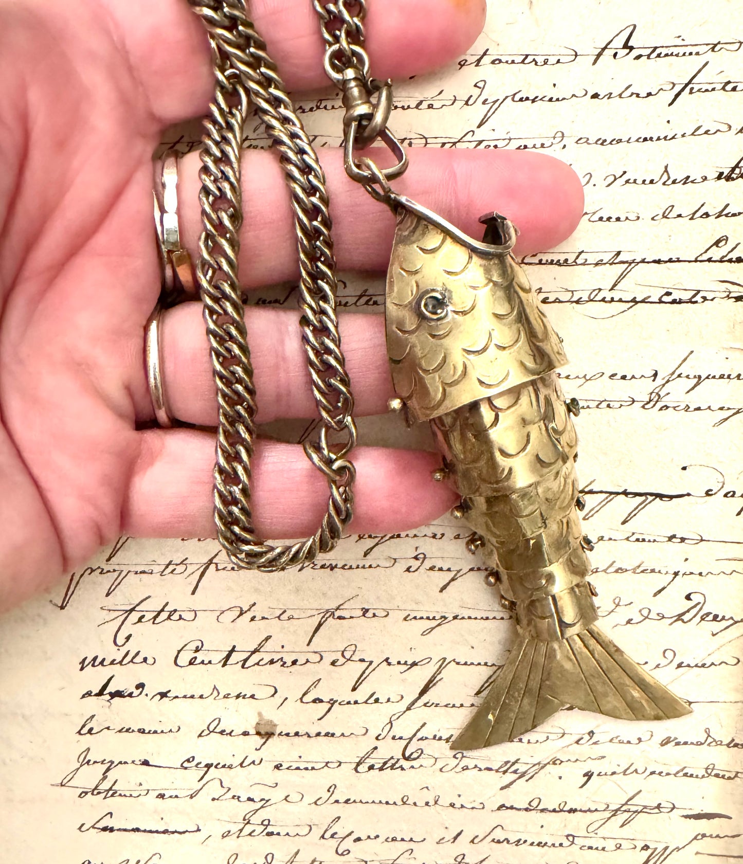 SMASHING Vintage Brass Articulated Fish on Brass Curb Watch Chain