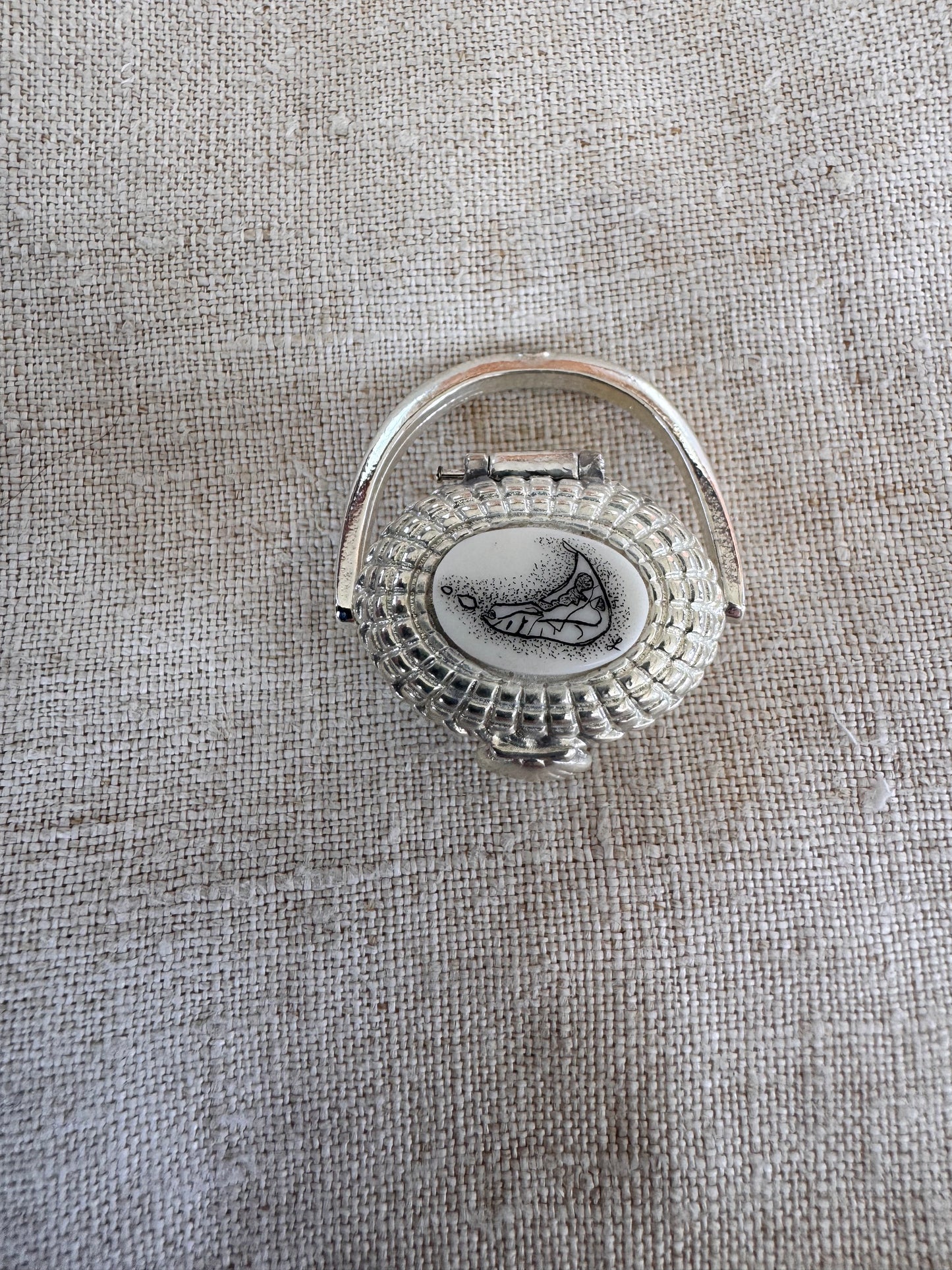 Miniature Silver Plated Nantucket Basket with Map of Nantucket