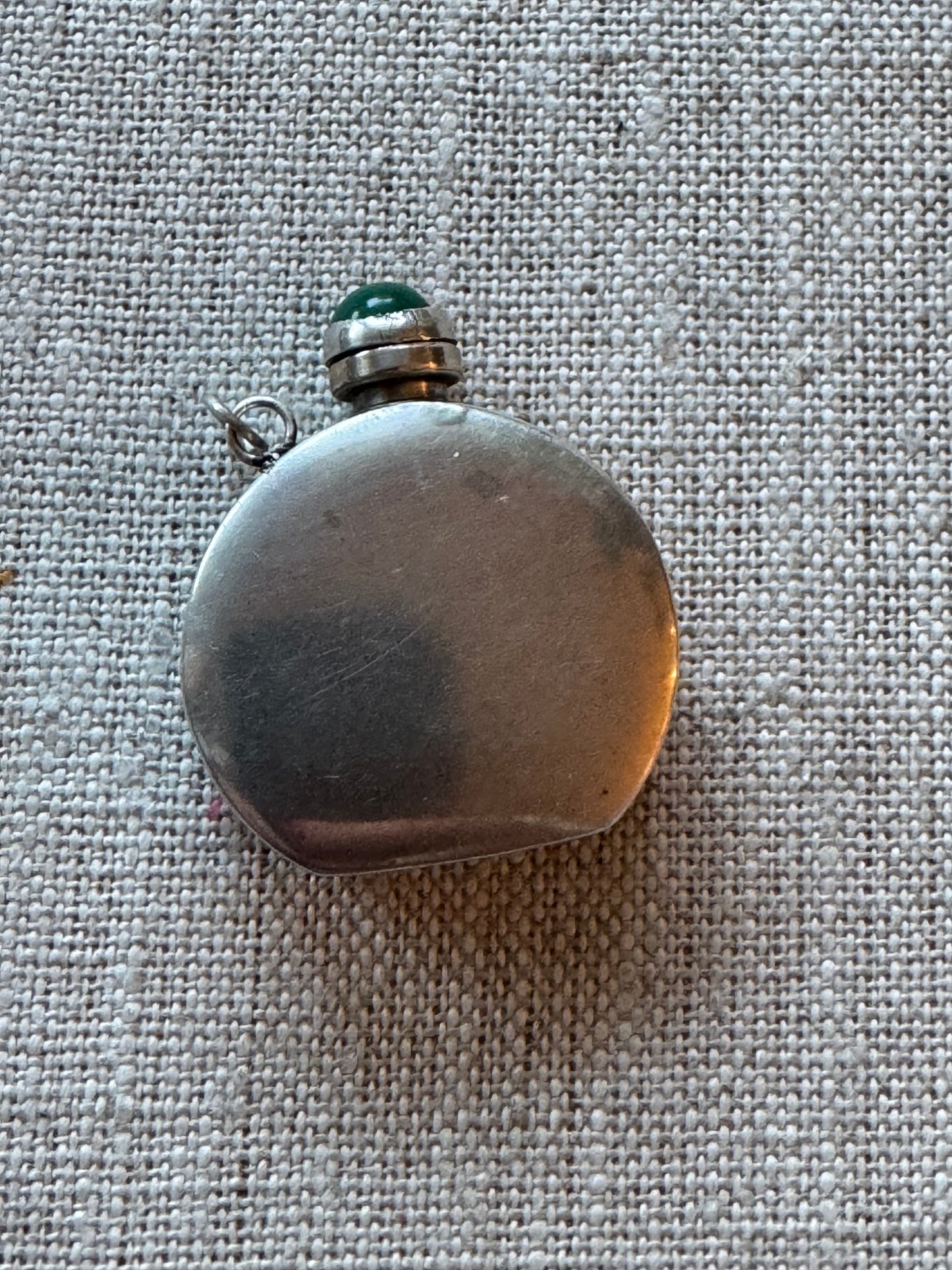 Beautiful Simple Sterling Perfume Bottle with Green Round Shaped Cabochon Stone in Lid