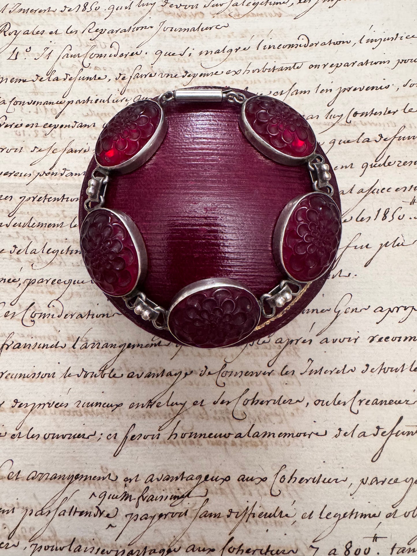 Beautiful Vintage silver bracelet with red poured glass floral cabochons