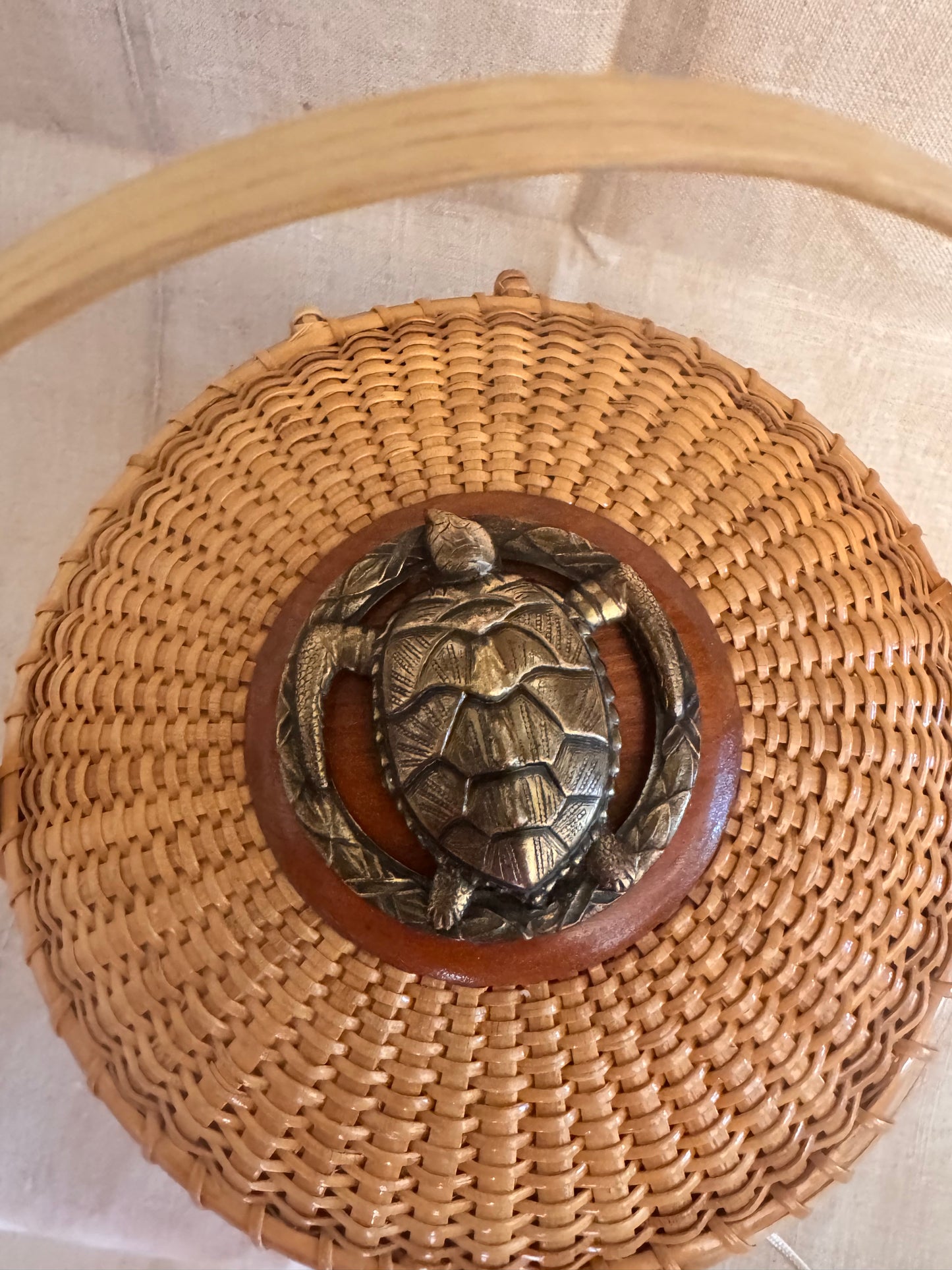 Medium Round Basket with Wonderful Vintage Bronze Turtle
