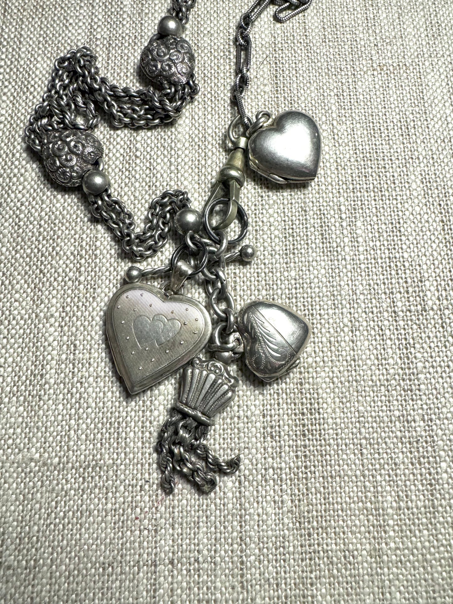 Beautiful Victorian Sterling Heart Watch Chain with 3 Heart Lockets and Charming Tassel