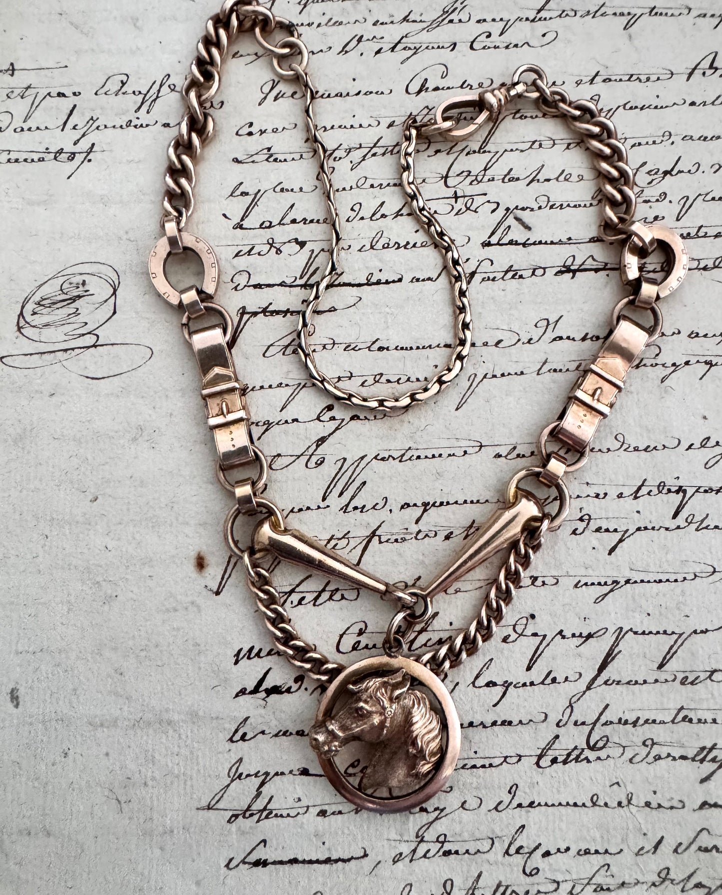 Victorian Gold Filled Equestrian Necklace with Horse Head, Horsebit and Tack