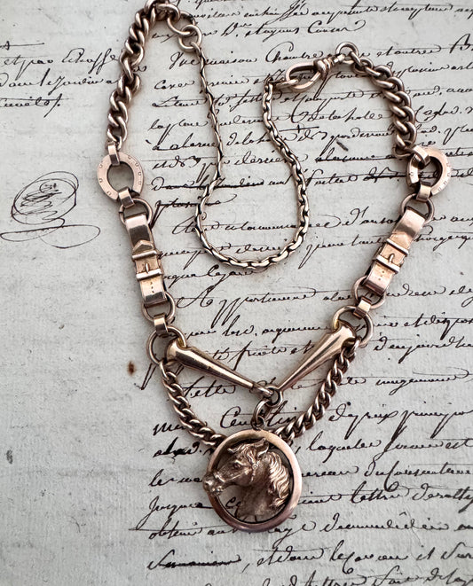 Victorian Gold Filled Equestrian Necklace with Horse Head, Horsebit and Tack