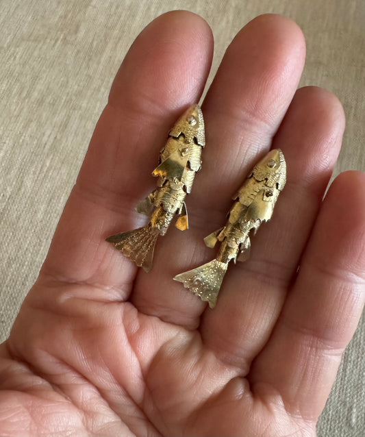 Amazing Pair of Gilt Sterling Articulated Fish Earrings