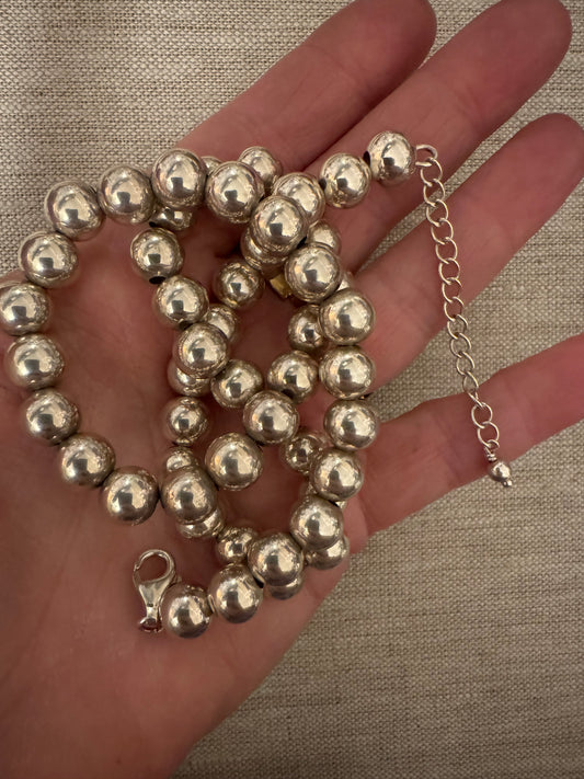 Heavy adjustable length silver bead necklace