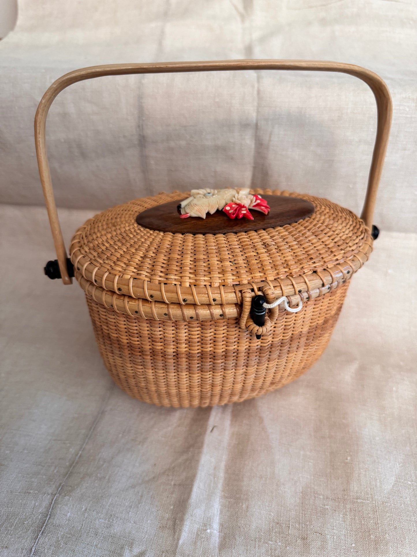 Large Oval Nantucket Basket with Utterly Charming Celluloid Scottie with Polka Dot Bow