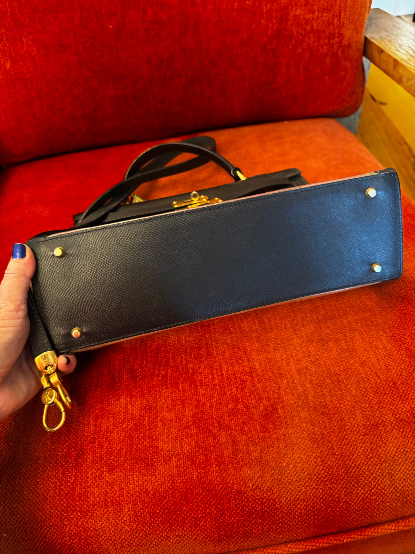 Black leather and clear PVC Kelly style bag