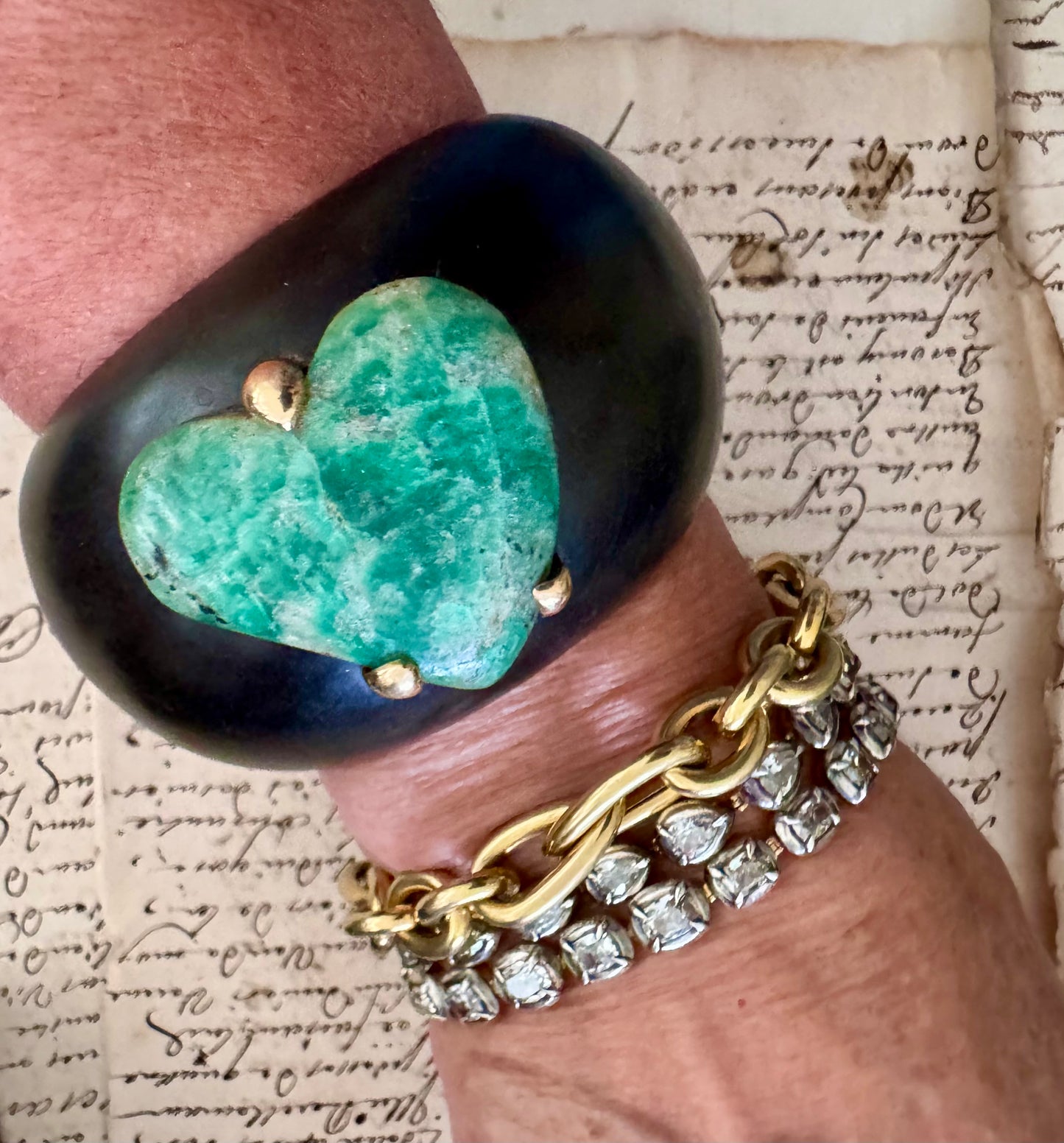 JKC Ebony Cuff with Large Emerald Heart