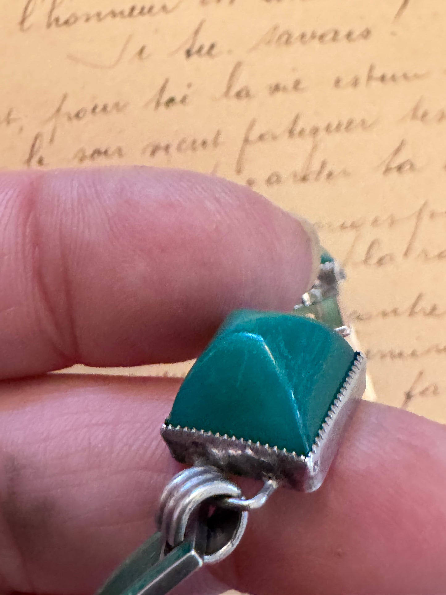 Sterling Deco Opaque Green Glass and Enamel Bracelet