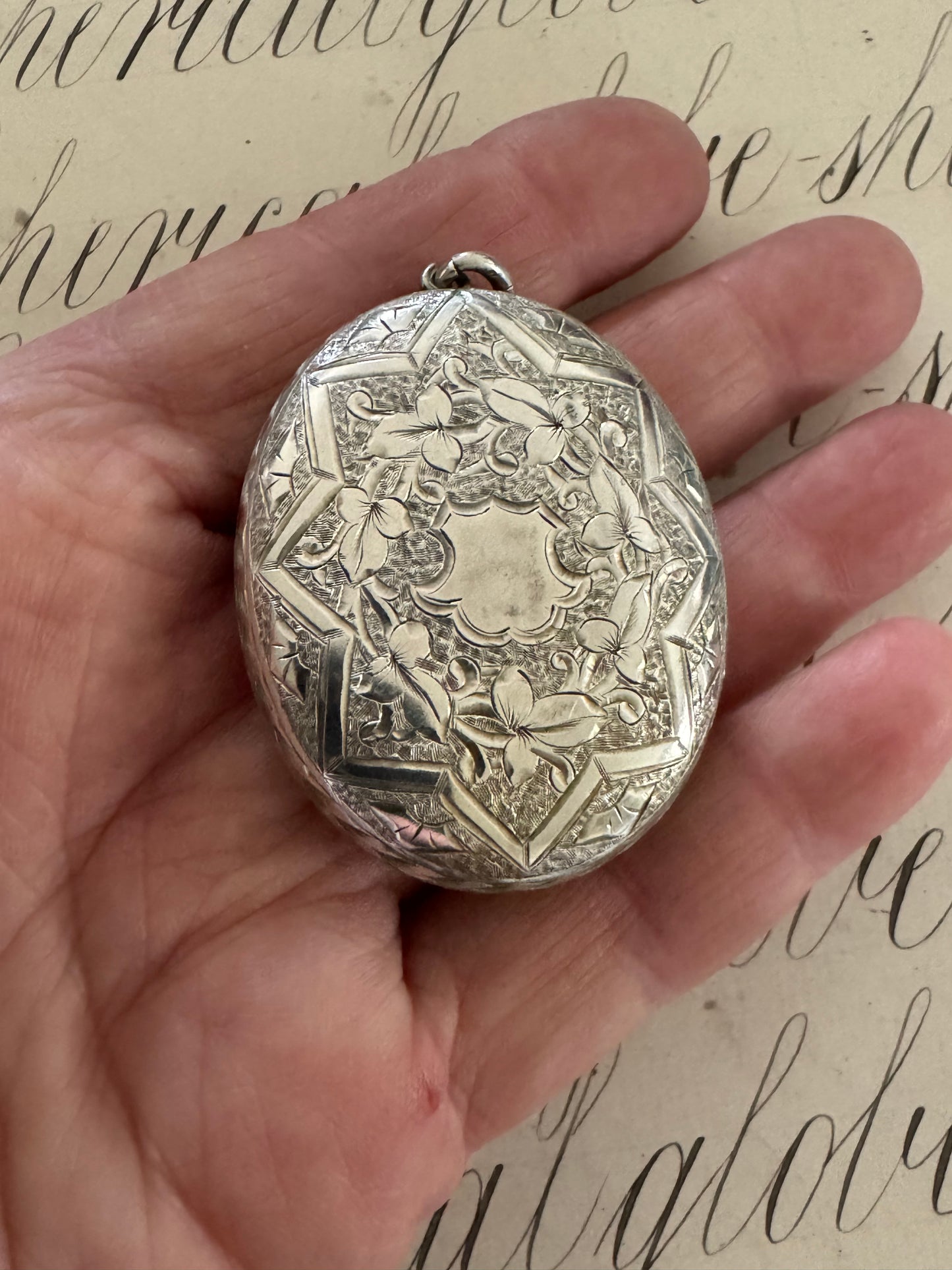 Gorgeous English Victorian Sterling Locket Star and Floral Motif Engraving