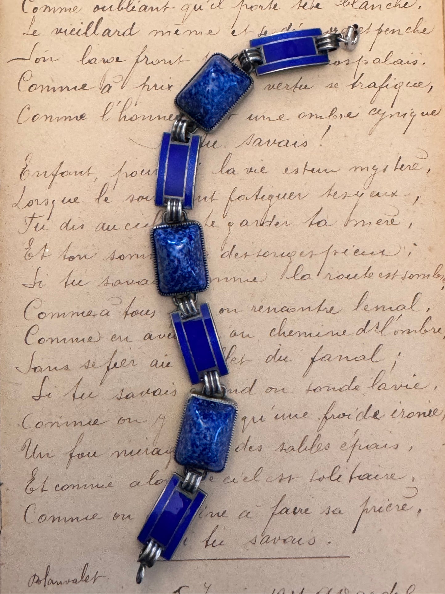 Sterling Deco Rectangular Opaque Blue Glass and Enamel Bracelet