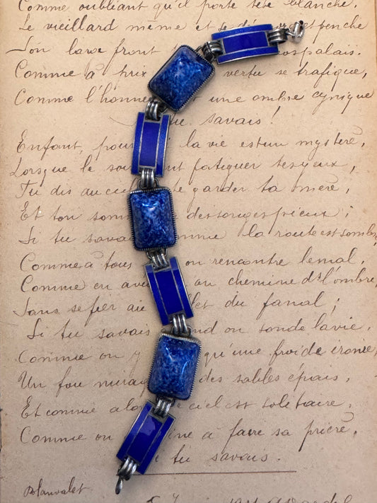 Sterling Deco Rectangular Opaque Blue Glass and Enamel Bracelet