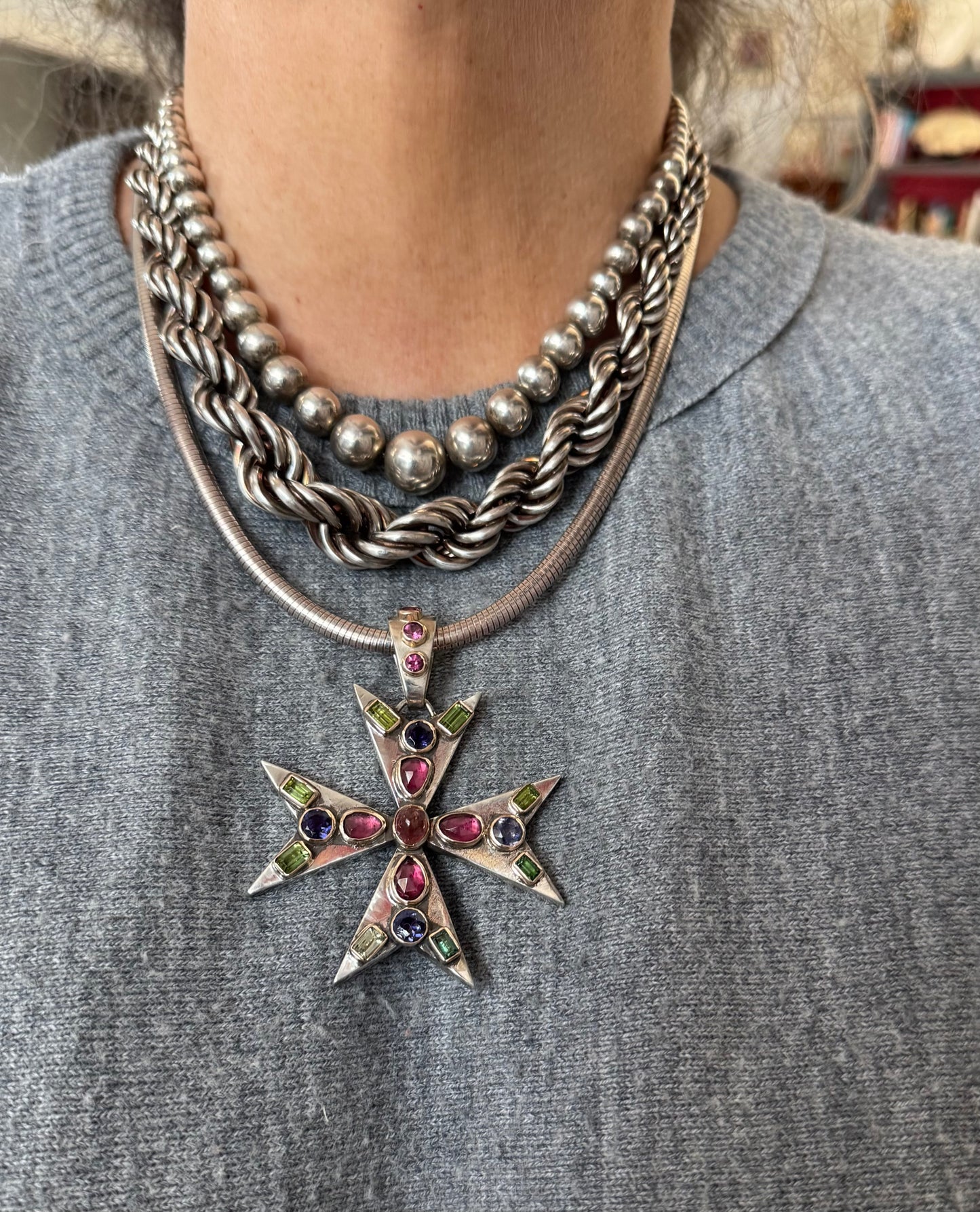 Gorgeous Vintage Sterling and 14k Gold Maltese Cross with Tourmalines