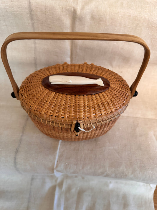 Large Oval Basket with White Whale on Dark Walnut Oval Plaque