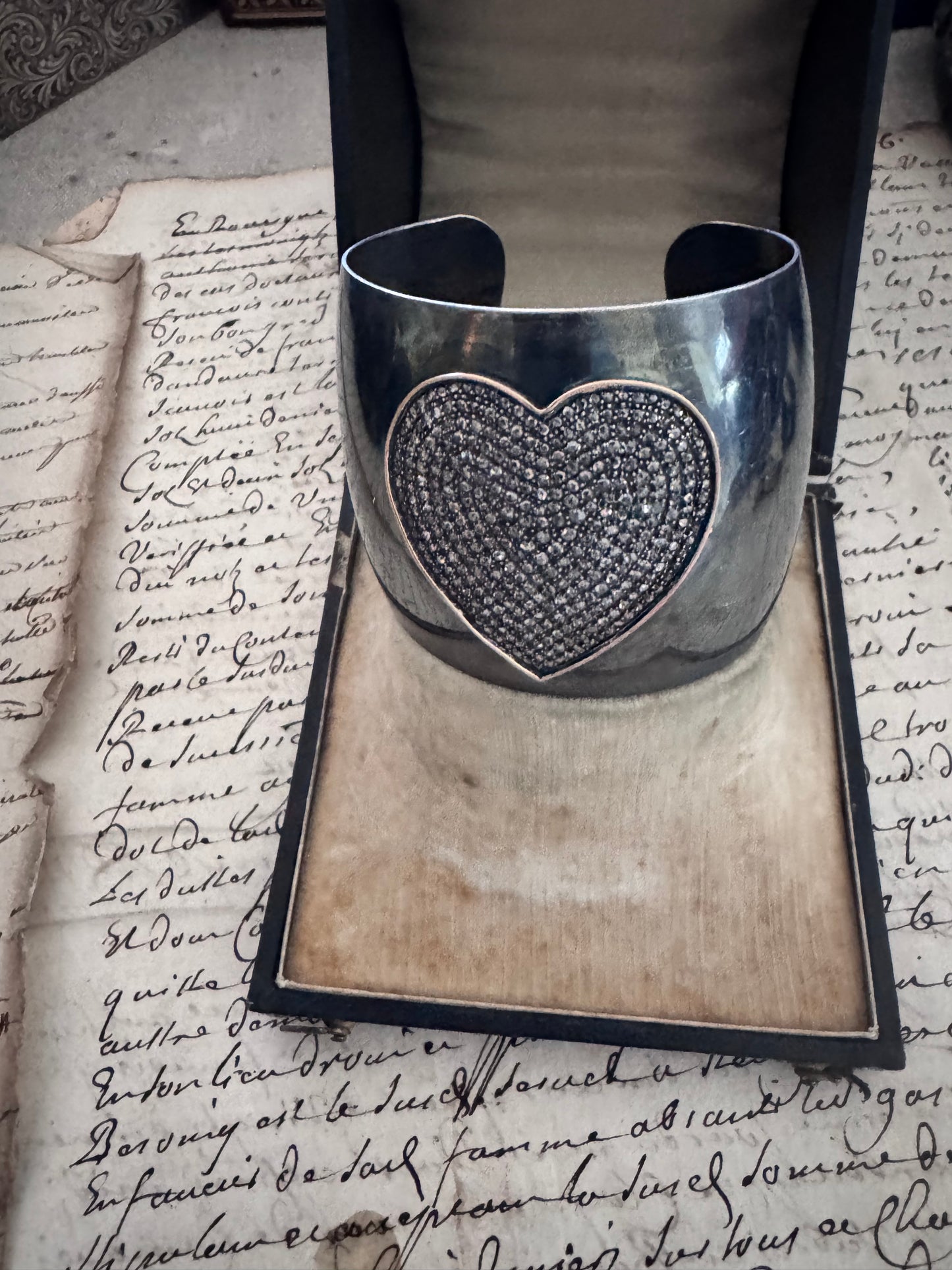 JKC Pave Diamond Heart with Gold Bezel on Oxidized Sterling Cuff
