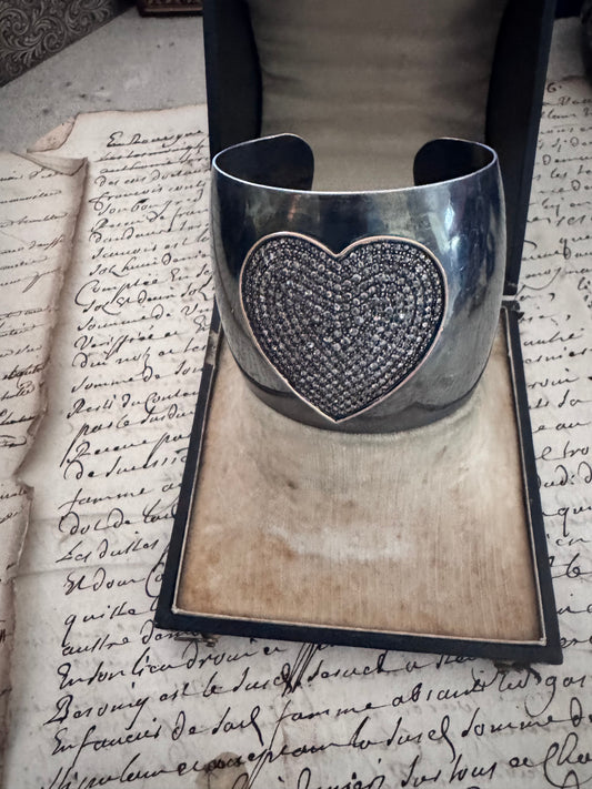JKC Pave Diamond Heart with Gold Bezel on Oxidized Sterling Cuff
