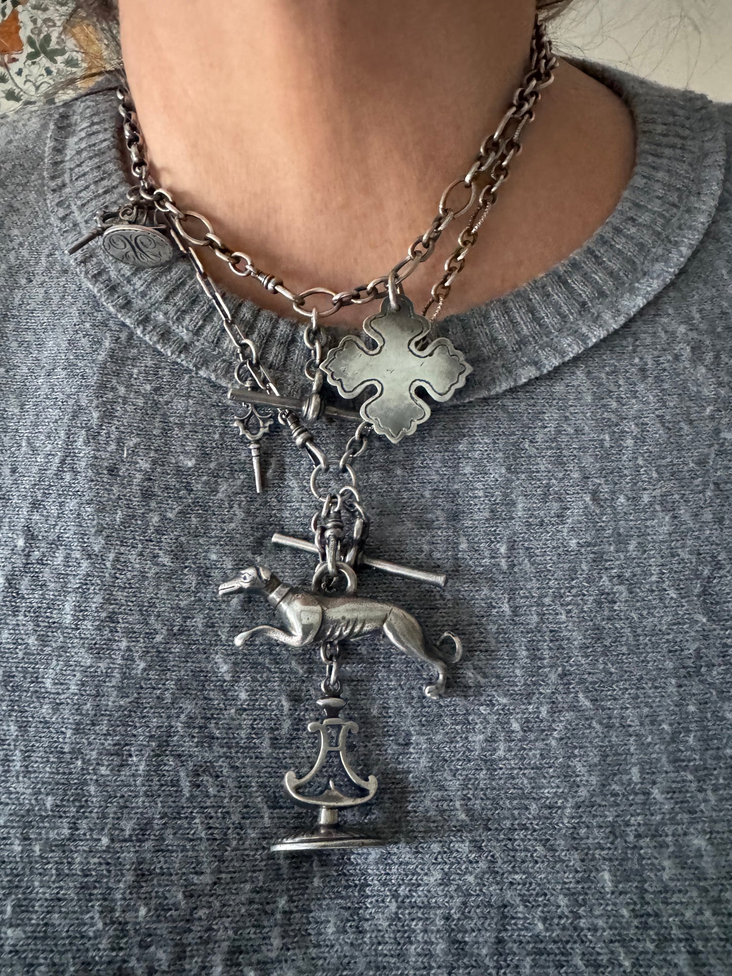 Sterling Silver Watch Chain with Dog and Seal