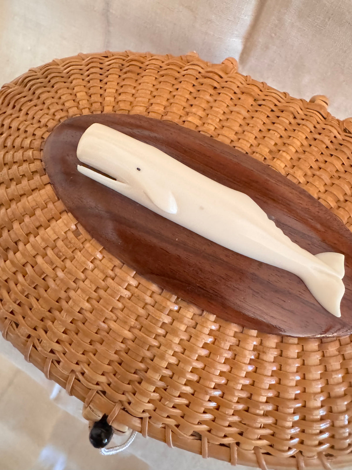 Large Oval Basket with White Whale on Dark Walnut Oval Plaque