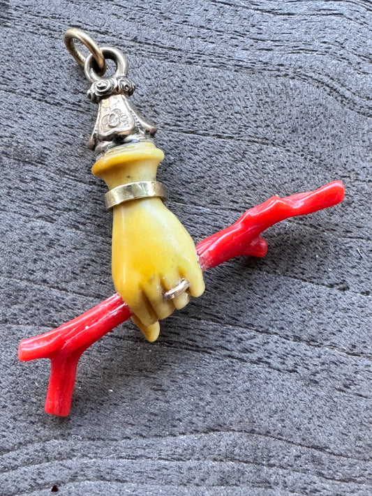 Antique Bone Hand with Coral and Cuff Bracelet