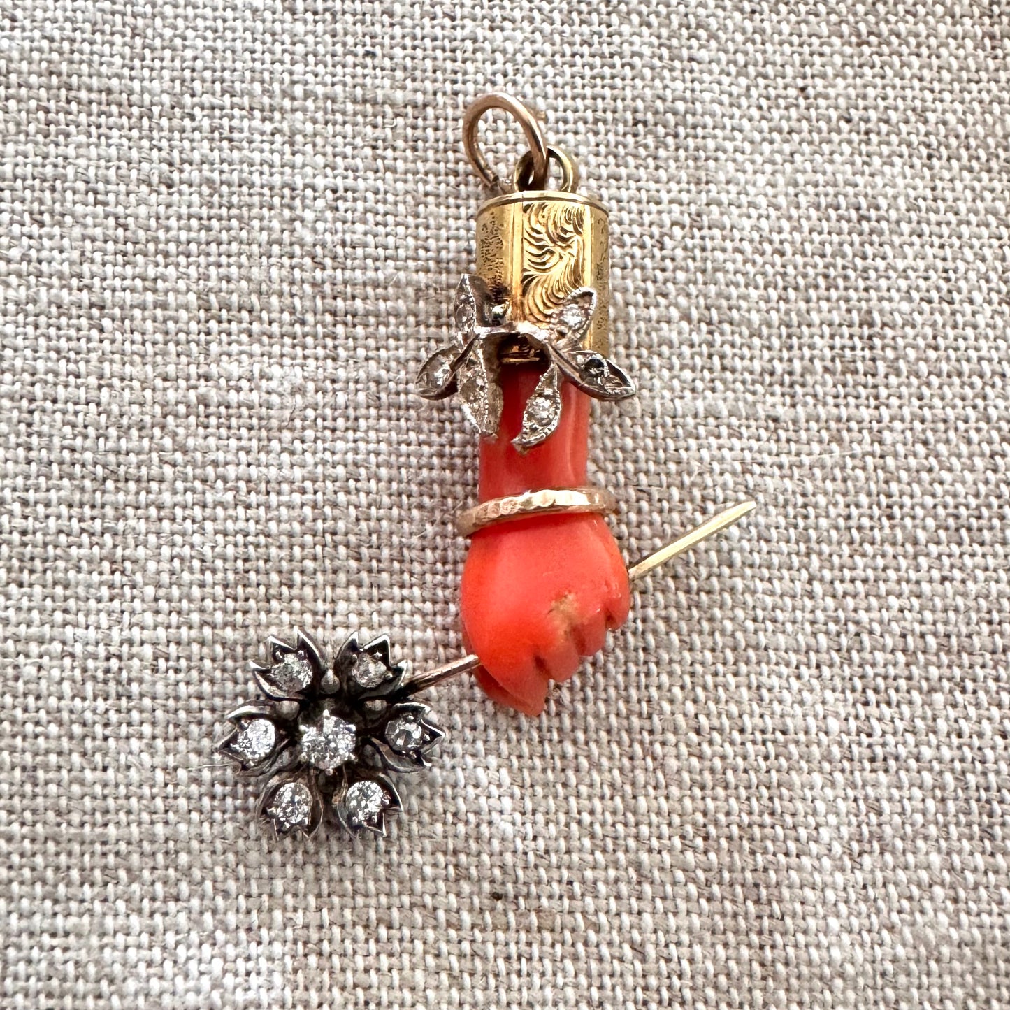 Antique Coral Hand with Diamond Flower
