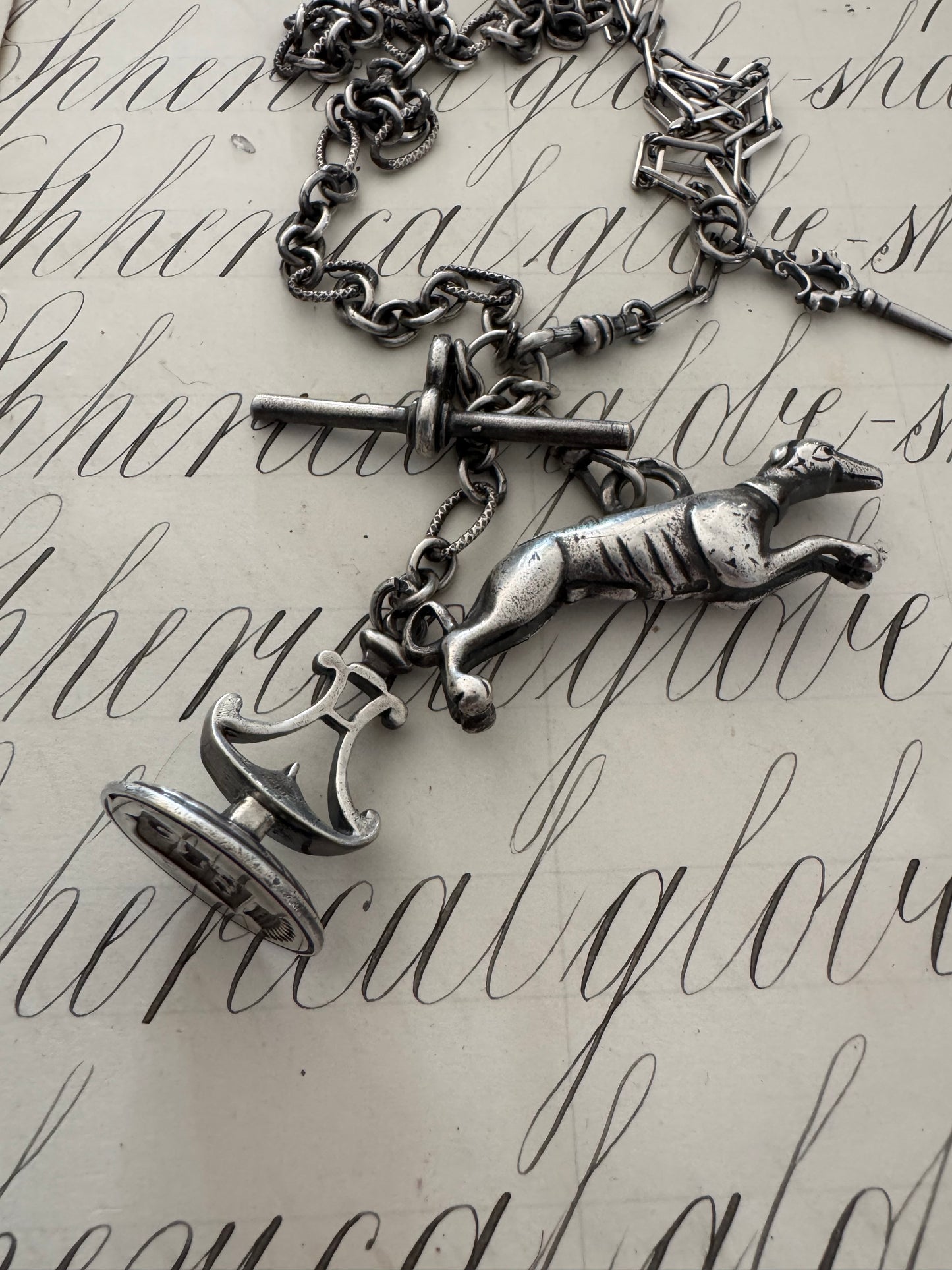 Sterling Silver Watch Chain with Dog and Seal